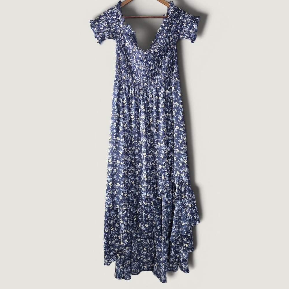 Francesca's Mi Ami Perdita Navy Floral Smocked High Low Maxi Dress XL NEW